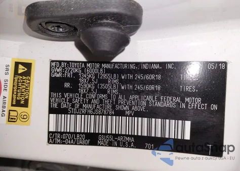 2018 Toyota Highlander Xle z USA, uszkodzony, nr VIN 5TDJZRFH6JS878784